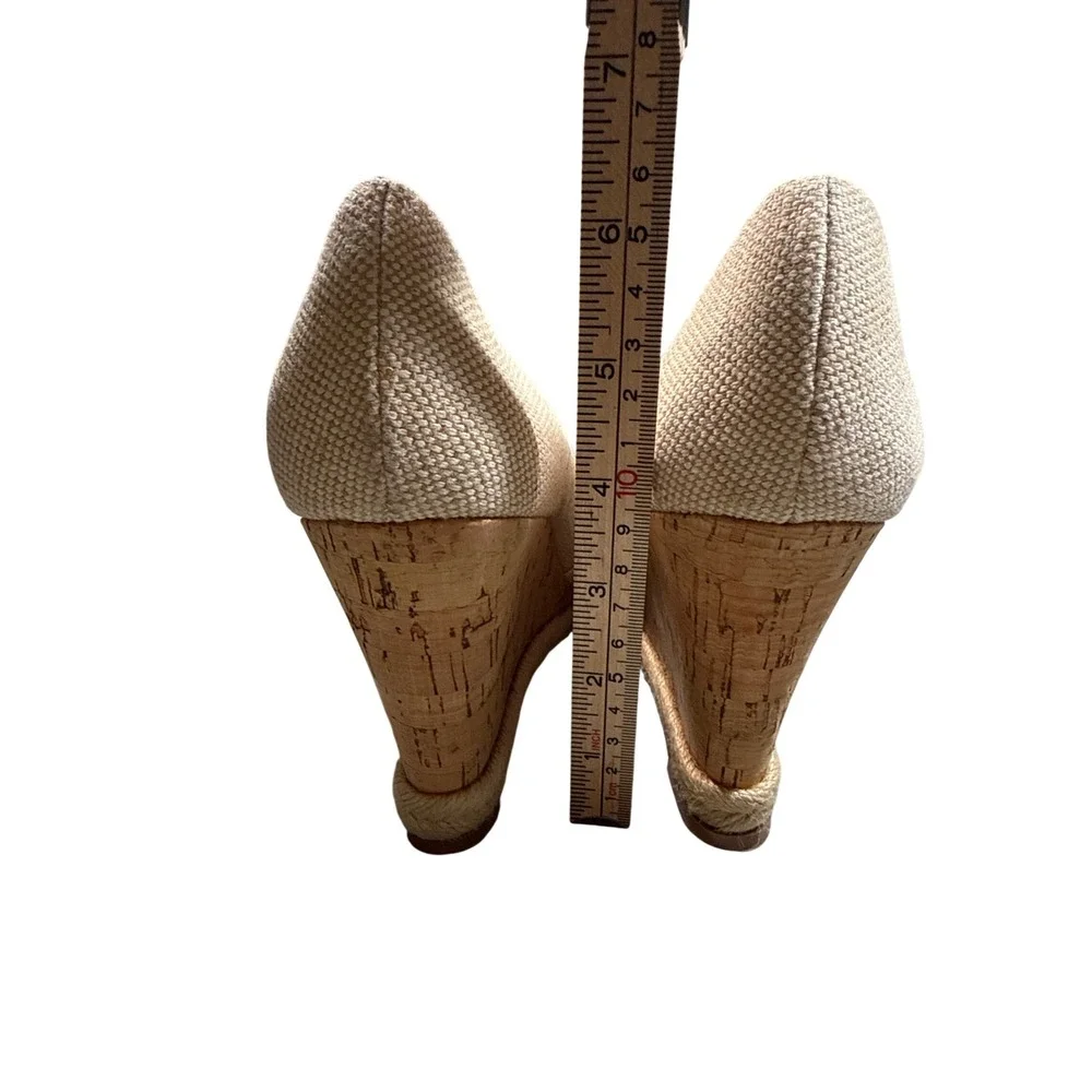 Arturo Chiang Womens Cream Canvas Cork Wedge Peep Toe Espadrille Sandals Size 8M